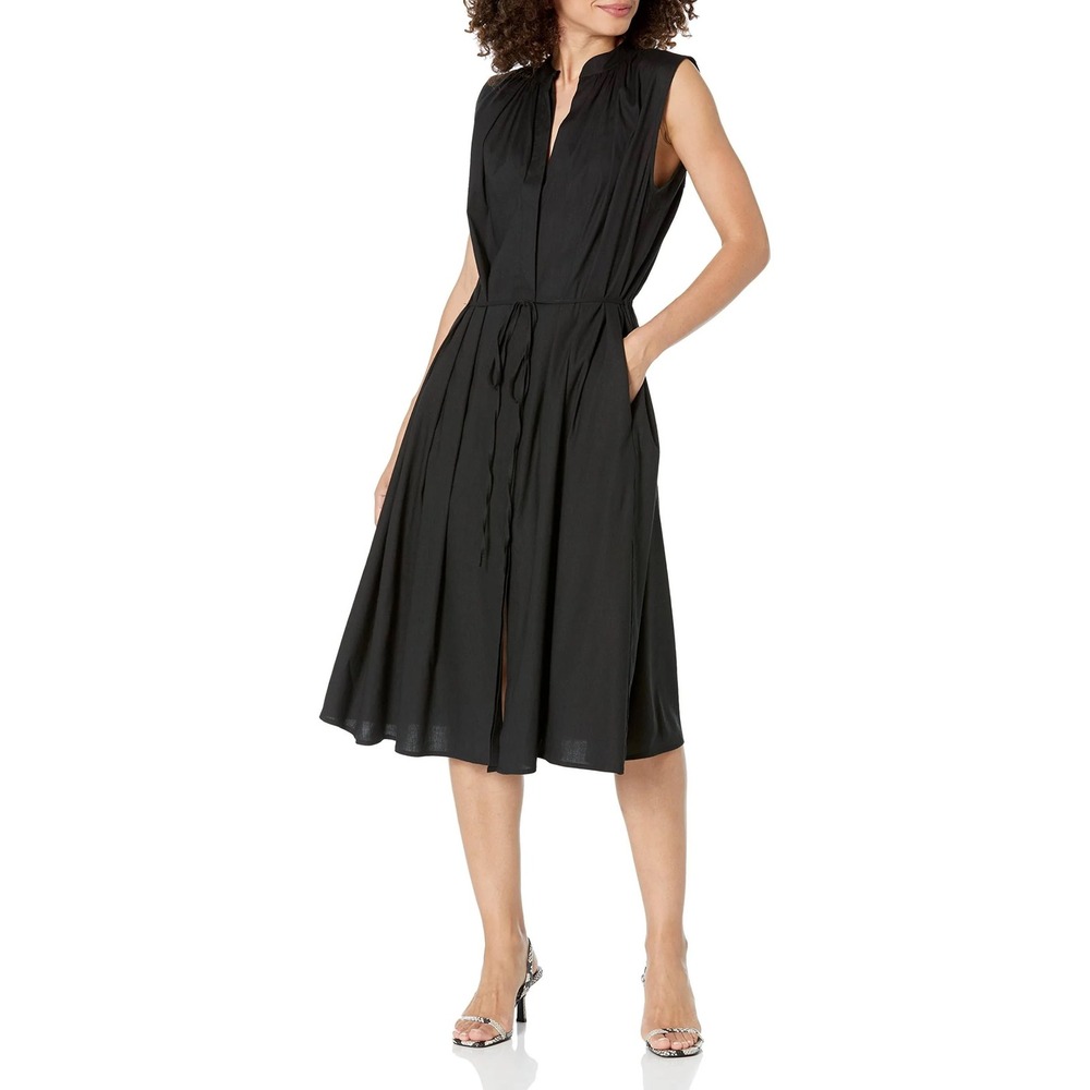 Vince Shirred Band Collar Dress Belted‎ Midi Sz XL Black Resort Vacation Linen